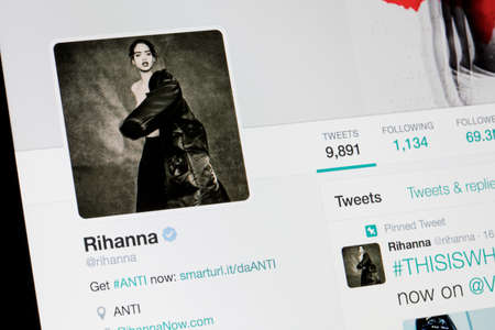 RIGA, LATVIA - February 02, 2017: Billaboard artist and singer Rihanna's Twitter  profile.のeditorial素材