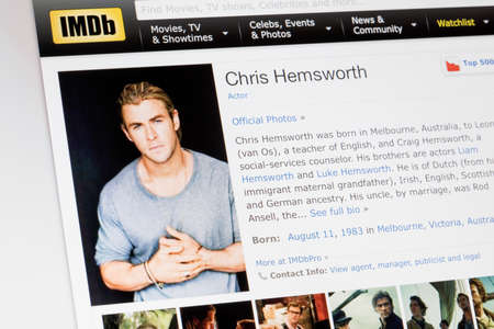 RIGA, LATVIA - February 02, 2017: IMDb biography profile of famous actor Chris Hemsworth.のeditorial素材