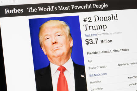 RIGA, LATVIA - February 24, 2017: Forbes Magazine list of The Worlds Most Powerful People.Number 2 The President of United States of America Donald J. Trump.のeditorial素材