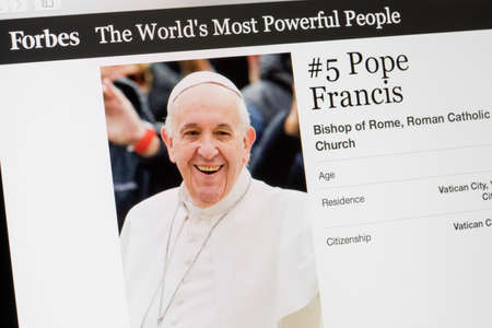 RIGA, LATVIA - February 24, 2017: Forbes Magazine list of The Worlds Most Powerful People.Number 5 the Bishop of Roman Catholic church Pope Francis.のeditorial素材