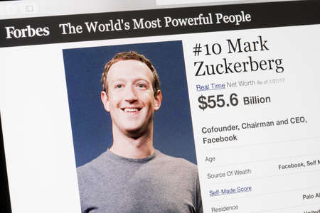 RIGA, LATVIA - February 24, 2017: Forbes Magazine list of The Worlds Most Powerful People.Number 10  the cofounder and CEO of Facebook Mark Zukenberg.のeditorial素材