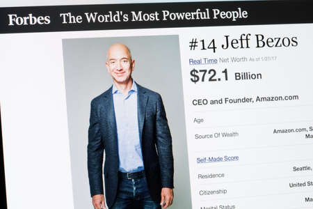 RIGA, LATVIA - February 24, 2017: Forbes Magazine list of The Worlds Most Powerful People.Number 14 CEO and founder of Amazon.com Jeff Beezos.のeditorial素材