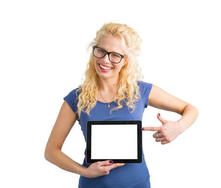 Happy hipster pointing at blank screen computer with one handの写真素材