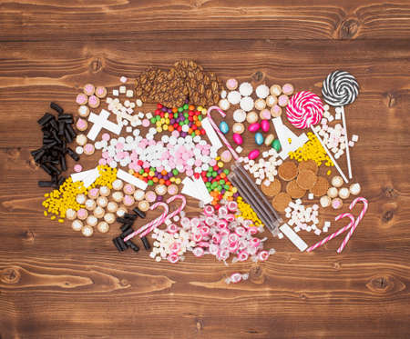 Candy on wooden backgroundの写真素材