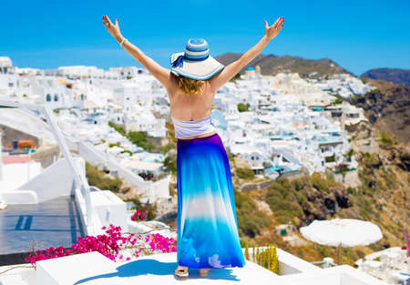 Tourist in beautiful Santorini islandの写真素材