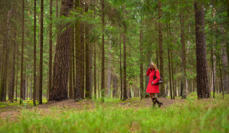 Woman in red coat in woods