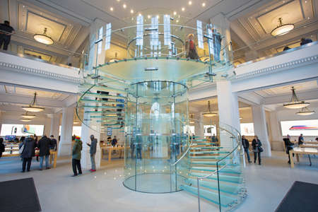 AMSTERDAM, NETHERLANDS - November 6, 2017: Interior View with Glass Stairs in Apple Store.のeditorial素材