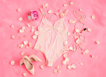 Sexy women lingerie and high heel shoes, flat lay photoの写真素材