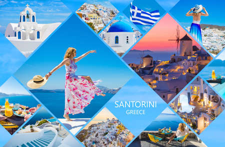 Santorini postcard, collage of beautiful photos from famous Greek islandの写真素材