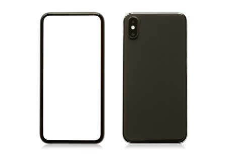 Mobile phone isolated on white, front and backの写真素材