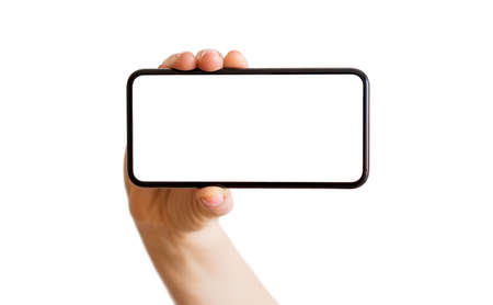 Person using phone with empty white screen. Mobile app mockup.の写真素材