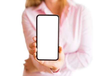 Person holding mobile phone with both hands. Mobile app mockup.の写真素材