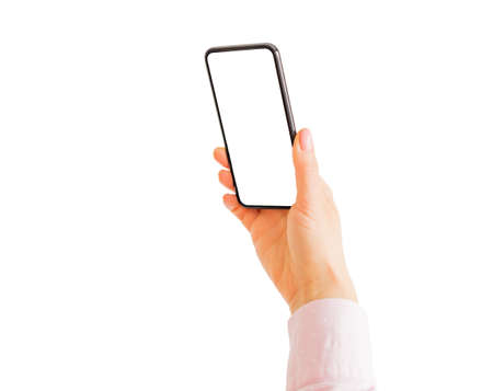 Person holding mobile phone with both hands. Mobile app mockup.の写真素材