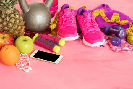 Different workout essentials on floorの写真素材