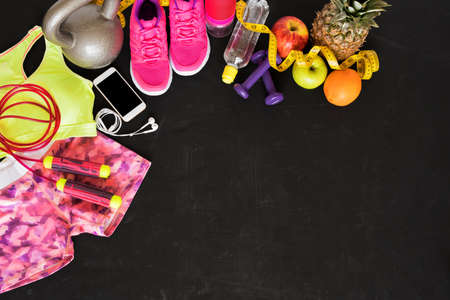 Fitness objects on dark floorの写真素材