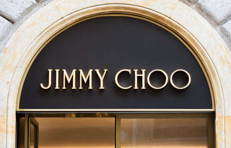 Rome, Italy - May 13, 2018: Jimmy Choo logo on brand's store in Rome.のeditorial素材