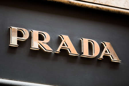 Rome, Italy - May 13, 2018: Prada logo on brand's store in Rome.のeditorial素材