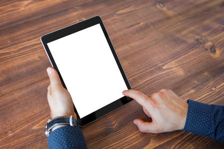 Business man using tablet computer. Tablet horizontal screen mockup.の写真素材