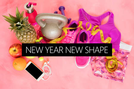 New year new shape text on fitness themed backgroundの写真素材