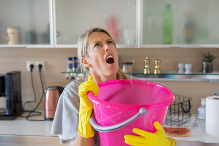 Shocked woman holding bucket for leaking water at home