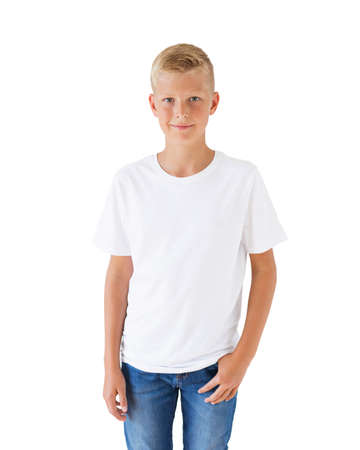 Boy's white t-shirt mockup templateの写真素材