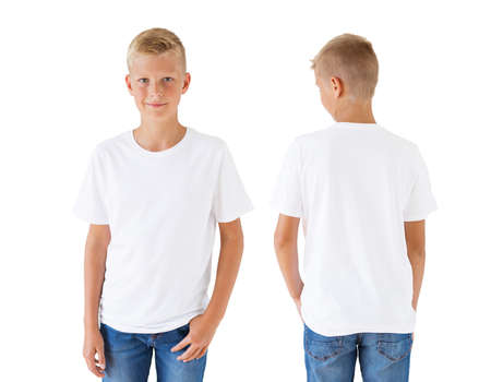 Boy's white t-shirt mockup template, front and backの写真素材
