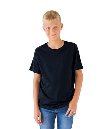 Boy's black t-shirt mockup templateの写真素材