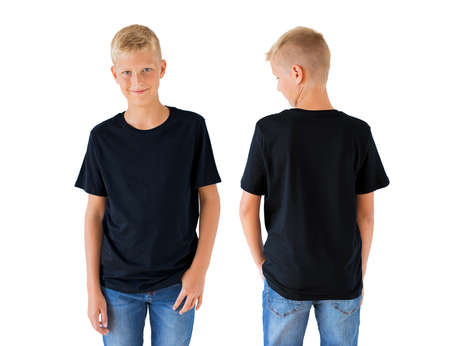 Boy's black t-shirt mockup template, front and backの写真素材