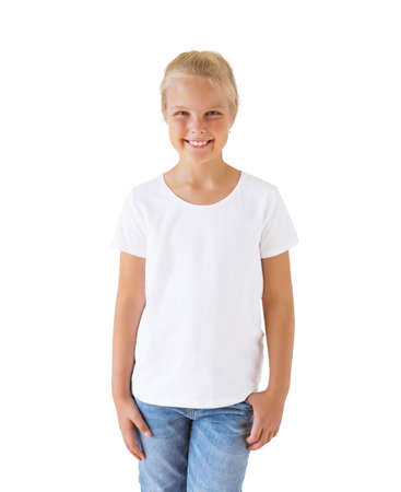 Girl's white t-shirt mockup templateの写真素材