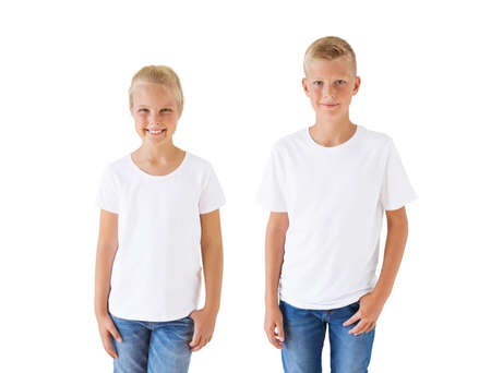 Girl's and boy's white t-shirt mockup templateの写真素材
