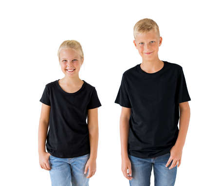 Girl's and boy's black t-shirt mockup templateの写真素材