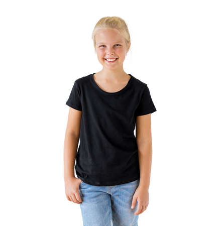 Girl's black t-shirt mockup templateの写真素材