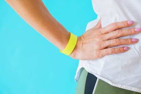 Woman wearing mockup arm braceletの写真素材