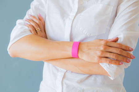 Woman wearing mockup template arm bracelet wristbandの写真素材