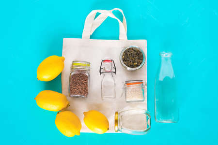 Zero waste concept. Cotton bag with glass kit for zero waste.の写真素材
