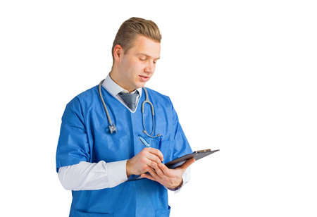 Doctor writing something, isolated on whiteの写真素材