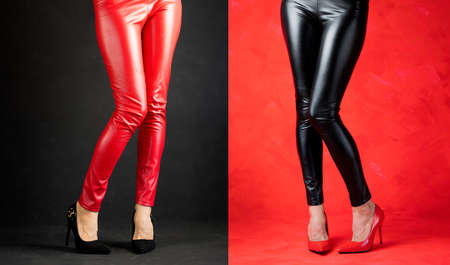 Woman wearing red and black leather pants and high heelsの写真素材