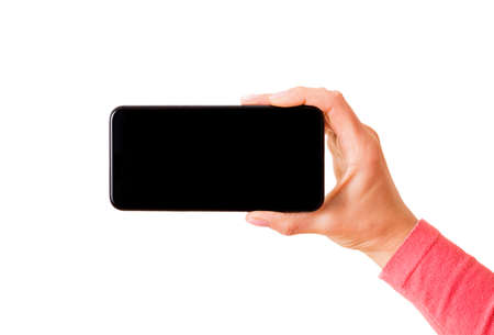 Person holding smartphone horizontally, photo isolated on white backgroundの写真素材
