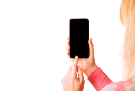 Mockup for person using mobile phone, photo isolated on whiteの写真素材