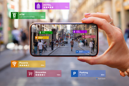 Concept of augmented reality technology being used in mobile phone for navigation and location based...