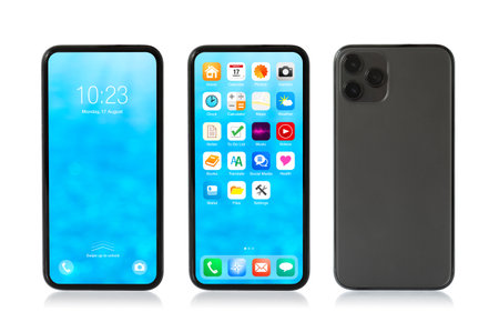 Mockup photo of isolated mobile phone showing locked and home screens, and back side view. User interface and icons are made up.の写真素材