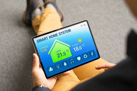 Man controlling home's appliances remotely by using smart home app on tablet computerの写真素材