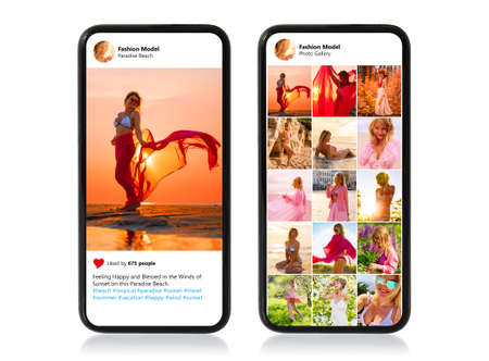 Isolated mobile phones with single photo and photo gallery of beautiful female model shown on screensの写真素材