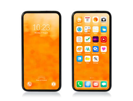 Mobile phone with locked and home screens isolated on white, mockup of user interface and app icons.の写真素材