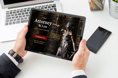 Man seeking legal advice online from law attorneyの写真素材