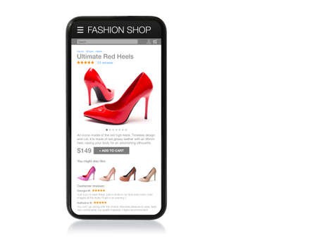 Sample website interface of online shop featuring red high heels shoesの写真素材