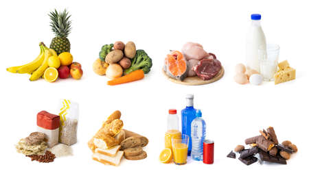 Different food and groceries items grouped by categories, isolated on white backgroundの写真素材