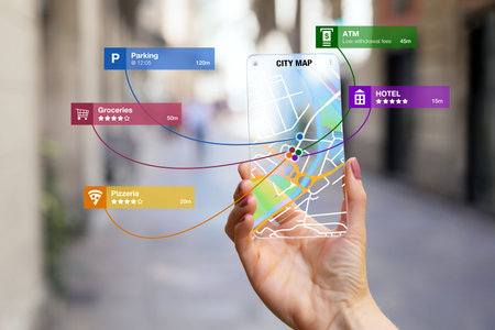 Futuristic technology concept of person using augmented reality app on transparent tech device