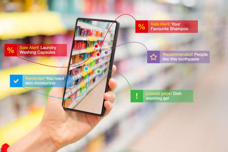 Concept of futuristic tech with person using augmented reality app in the storeの写真素材