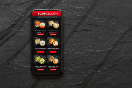 Mobile phone with sushi or food online ordering website mockup